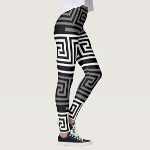 Grey White Black Greek Key Fret Pattern Design Leggings