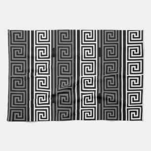 Grey White Black Greek Key Fret Pattern Design  Tea Towel