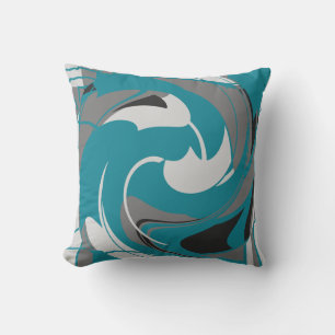 Grey White Black on Teal Blue Abstract Art Flower Cushion