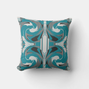 Grey White Black on Teal Blue Floral Large Tiles Cushion