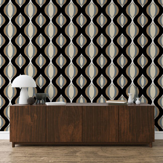Grey White Black Taupe Beige Tan Ogee Wave Pattern Wallpaper