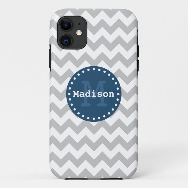 Grey White Blue Chevron Zigzag Monogram Case-Mate iPhone Case (Back)