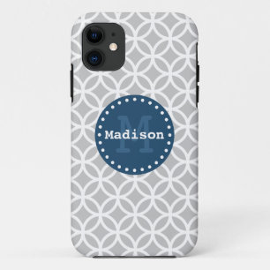 Grey White Blue Modern Circles Monogram Case-Mate iPhone Case