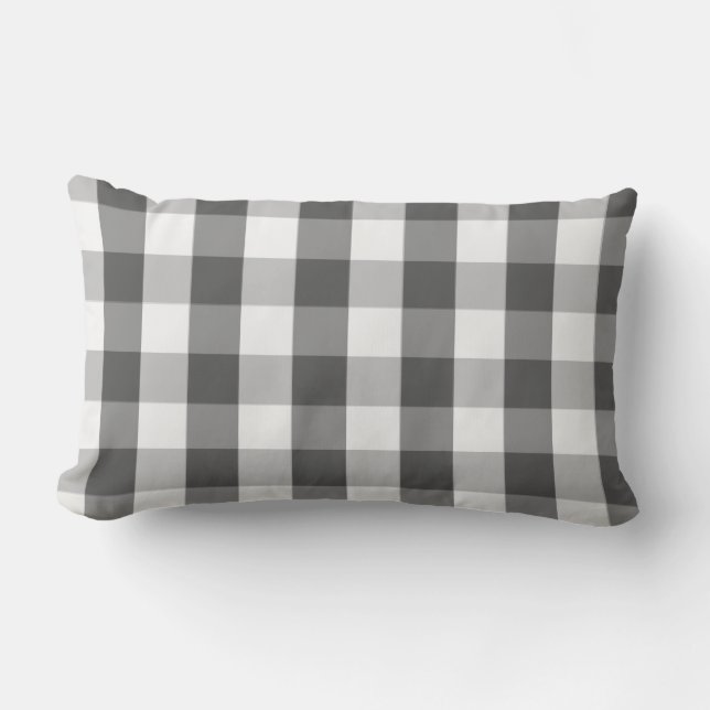 Grey White Buffalo Check Plaid Lumbar Cushion (Front)