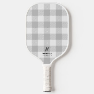 Grey White Buffalo Plaid Flannel Monogram Pickleball Paddle