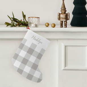 Grey & White Buffalo Plaid Personalised Small Christmas Stocking