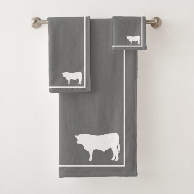 Grey & White Bull Silhouette Farmhouse Bath Towel Set (Insitu)