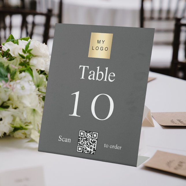 Grey white business logo QR code table number Pedestal Sign (Creator Uploaded)