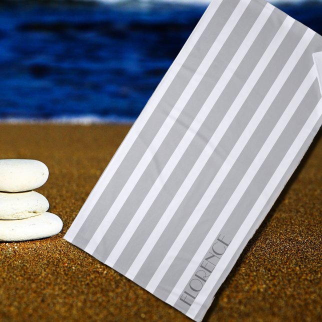 grey & white  cabana stripes  personalised beach towel (Creator Uploaded)
