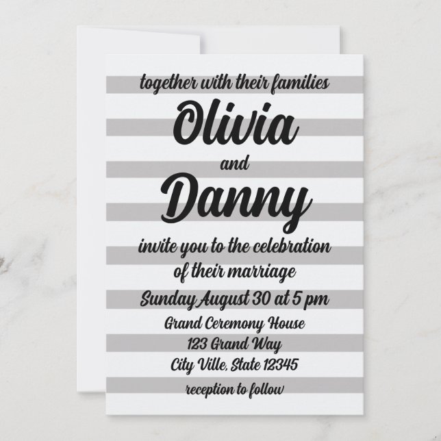 Grey White Candy Stripes Cute Beach Wedding Invitation (Front)
