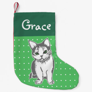 Grey White Cat Custom Green Christmas Stocking