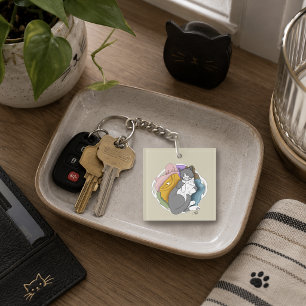 Grey White Cat Hair Laundry Key Ring