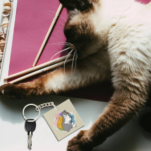 Grey White Cat Hair Laundry Key Ring