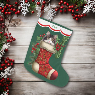 Grey White Cat Peeking Large Christmas Stocking