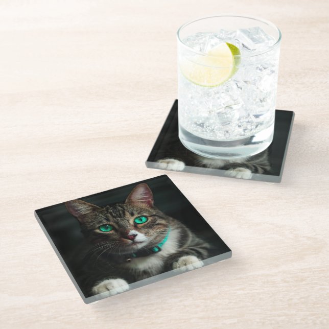 Grey & White Cat with Blue Eyes & Matching Collar Glass Coaster (Angled)