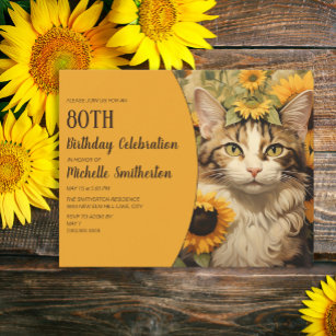 Grey White Cat Yellow Sunflowers 80th Birthday Invitation