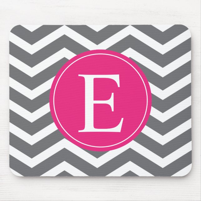 Grey White Chevron Bright Pink Monogram Mouse Pad (Front)
