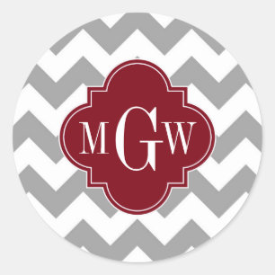 Grey White Chevron Burgundy Quatrefoil 3 Monogram Classic Round Sticker