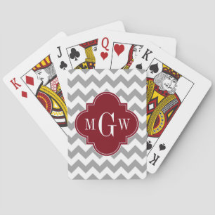 Grey White Chevron Burgundy Quatrefoil 3 Monogram Playing Cards