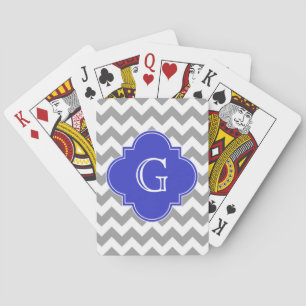 Grey White Chevron Cobalt Blue Quatrefoil Monogram Playing Cards
