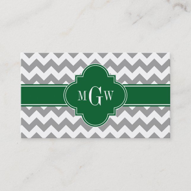 Grey White Chevron Emerald Quatrefoil 3 Monogram Business Card (Front)