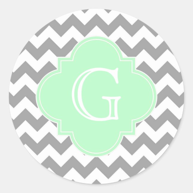 Grey White Chevron Mint Quatrefoil Monogram Classic Round Sticker (Front)