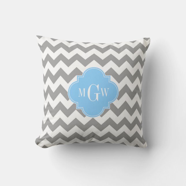 Grey White Chevron Sky Blue Quatrefoil 3 Monogram Cushion (Front)