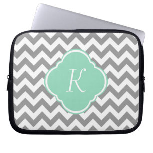 Grey & White Chevron Stripe Custom Monogram Laptop Sleeve