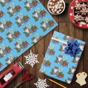 Grey White Christmas Kitten Wrapping Paper