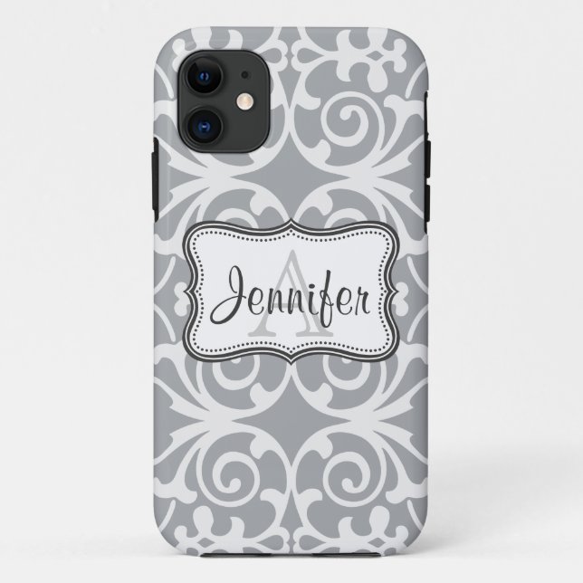 Grey & White Damask Monogram iPhone 5 Case-Mate iPhone Case (Back)