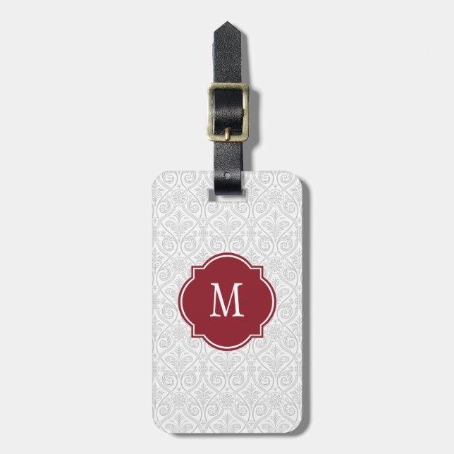 Grey & White Damask Monogram Luggage Tag (Front Vertical)