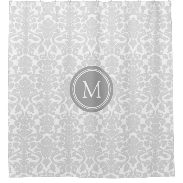 Grey White Damask Monogram Shower Curtain (Front)