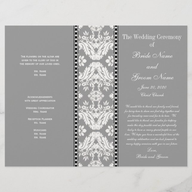 Grey White Damask Wedding Program (Front)