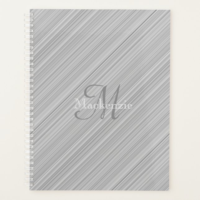 Grey White Diagonal Stripes Custom Monogram Name Planner (Front)