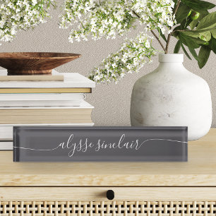 Grey & White Elegant Calligraphy Script Nameplate