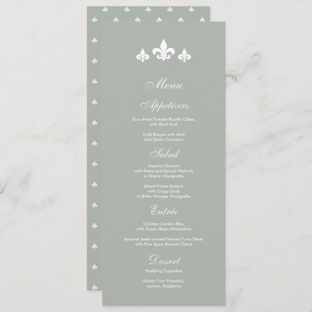 Grey | White Fleur-de-lis Wedding  Menu Cards (Front/Back)