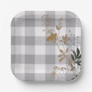 Grey White Floral Gingham Plaid Country Farmhouse Paper Plate