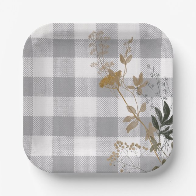 Grey White Floral Gingham Plaid Country Farmhouse Paper Plate (Front)