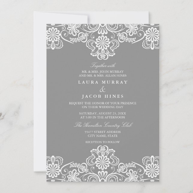 Grey & White Floral Lace Wedding Invitation (Front)