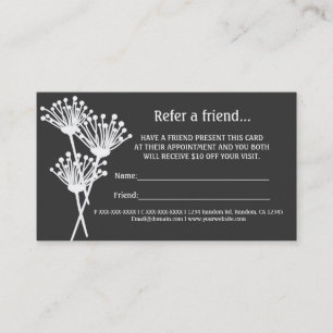 Grey white floral refer a friend business cards