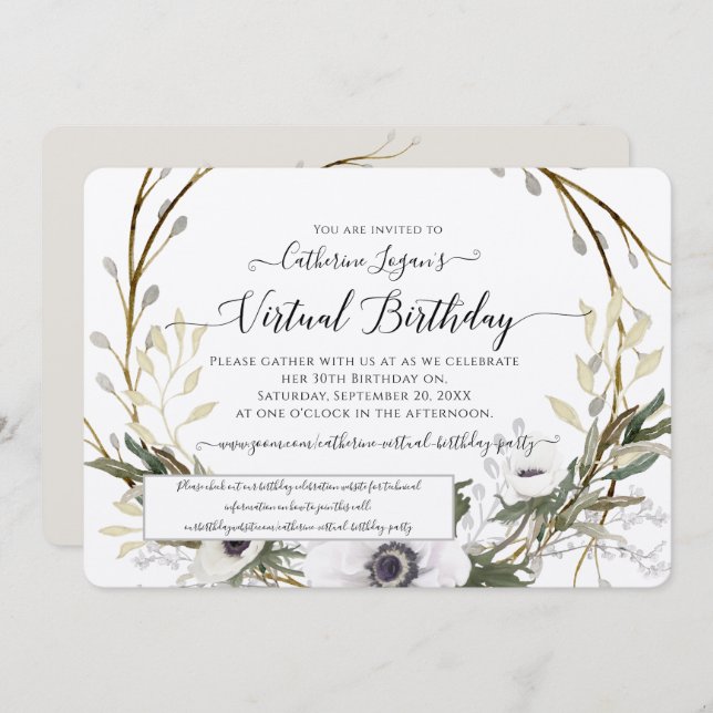 Grey White Floral Wreath Rustic Virtual Birthday Invitation (Front/Back)