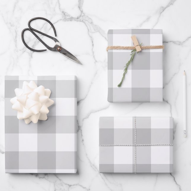 Grey White Gingham Check Plaid Neutral Farmhouse Wrapping Paper Sheet (Front)