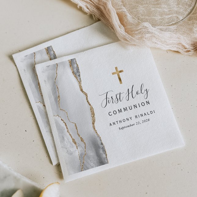 Grey White Gold Agate First Holy Communion Napkin (Creator Uploaded)