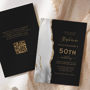 Grey White Gold Agate QR Code 50th Birthday Invitation
