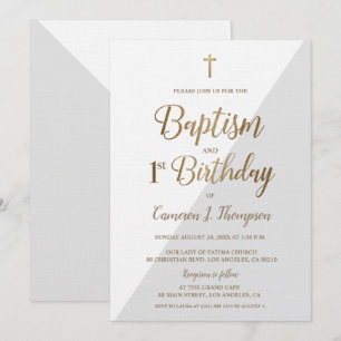 Grey White Gold Cross Baptism 1st Birthday Invitation