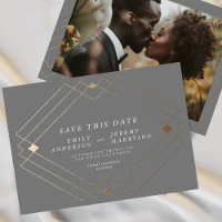 Grey & White | Gold Deco Lines Save The Date
