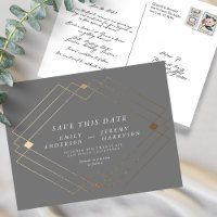 Grey & White Gold Deco Lines Save The Date Wedding