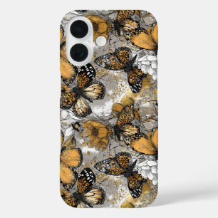Grey White Gold Floral Butterflies Elegant iPhone 16 Case