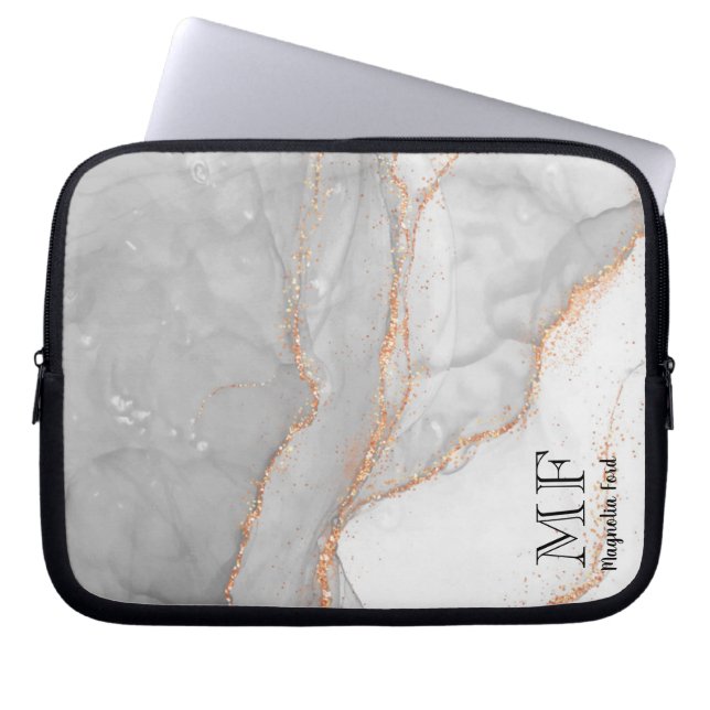 Grey White Gold Glitter Marble Customisable Laptop Sleeve (Front)