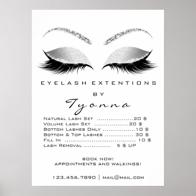 Grey White Gold Makeup Artist Lashes Price List Poster (Front)